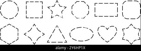 Black dashed frame collection. Dashed outline geometric border set. Geometric dotted shape pack. Outline cut out element design bundle for poster, banner, flyer, brochure, leaflet, booklet. Vector Stock Vector