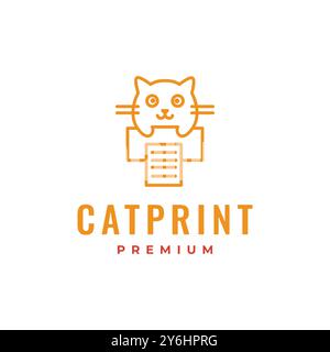 cat with paper printer cute modern mascot cartoon character simple line style logo design vector icon illustration Stock Vector