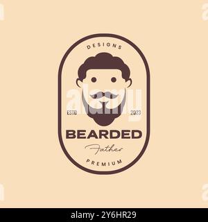 old man portrait bearded curly hair mascot cartoon character vintage badge simple logo design vector icon illustration Stock Vector