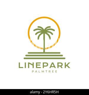 palm tree or coconut tree with sunset circle modern minimal line style art simple logo design vector icon illustration Stock Vector