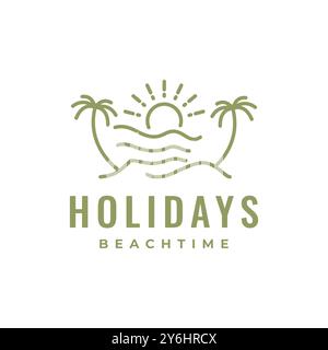 beach holidays vacation sunset coconut trees line style simple logo design vector icon illustration Stock Vector