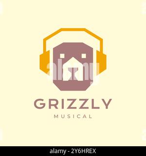 grizzly bear head hearing music headset modern geometric flat colored logo design vector illustration Stock Vector