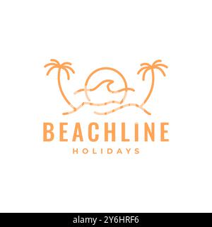 wave beach coconut tree holidays vacation trip line style simple modern logo design vector icon illustration Stock Vector