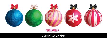 Christmas balls vector set design. Christmas 3d ball with colorful patterns, print, ribbons and glitter in white isolated background for holiday Stock Vector