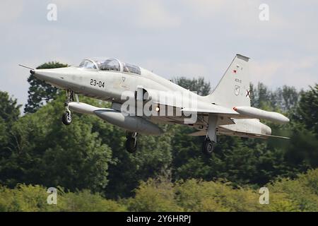 AE.9-10/23-04, a Northrop SF-5M Freedom Fighter operated by the Spanish Air and Space Force, arriving at RAF Fairford in Gloucestershire, England to participate in the Royal International Air Tattoo 2024 (RIAT24). Stock Photo