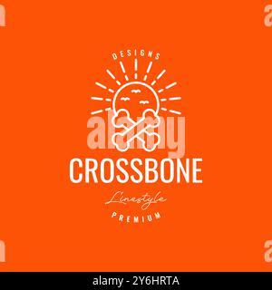 cross bones with sunset sunburst line style colored hipster simple logo design vector icon illustration Stock Vector