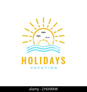 beach ocean with sunset sunburst colorful line style modern logo design vector icon illustration Stock Vector