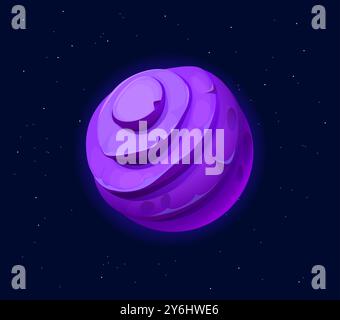 Cartoon fantasy purple galaxy alien space planet. Vector cosmic sphere with a smooth, swirled surface texture, float in starry, dark blue outer space background. Unique vibrant violet celestial body Stock Vector