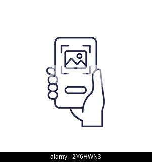 scan image or photo line icon with a phone in hand Stock Vector