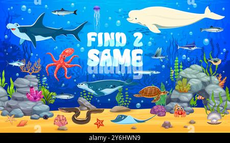 Kids game worksheet, find two same sea underwater animals like shark, turtle, octopus and fish, eel, seal, crab and stingray with starfish in vibrant marine environment with coral reefs, and seaweed Stock Vector
