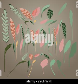 Some leaves are depicted whole while others are fragmented or partially obscured creating a sense of depth and movement The overall impression is one Stock Vector
