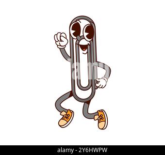 School education clip groovy character. Cartoon vector paperclip retro stationery personage jumping with a playful expression, ready for school and office tasks, exudes creativity, fun and excitement Stock Vector