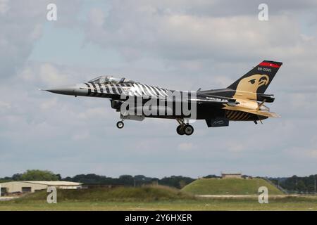 88-0021, a General Dynamics F-16C Fighting Falcon, operated by the Solo Turk Demo Team of the Turkish Air Force (Türk Hava Kuvvetleri), arriving at RAF Fairford in Gloucestershire, England to participate in the Royal International Air Tattoo 2024 (RIAT24). Stock Photo