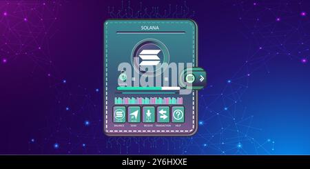 Solana wallet concept illustration with wallet and crypto coins.A digital Solana wallet interface, showcasing cryptocurrency transaction options . Stock Vector