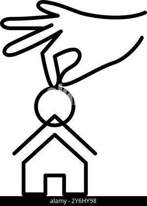 Hand holding house key chain. Gaining access to residence. Real estate deals. Property ownership, lease or rent. Pixel perfect, editable stroke vector Stock Vector