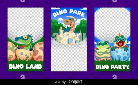 Dino kids of prehistoric dinosaurs in egg shell, banner templates. Vector frames for dino land, park or party events with vibrant Jurassic backgrounds and cute hatching baby dinosaur reptile species Stock Vector