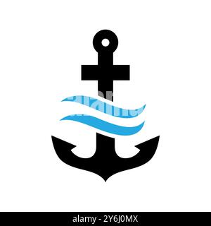 ocean anchor and wave logo design vector Stock Vector