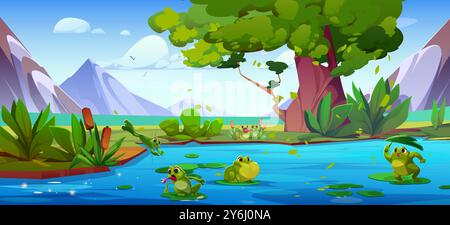 Cute green frog on pond or river with tree on shore and mountain on background. Cartoon vector landscape with funny toads jump and eat insects, croak and sit on lily pad leaves on blue water of lake. Stock Vector