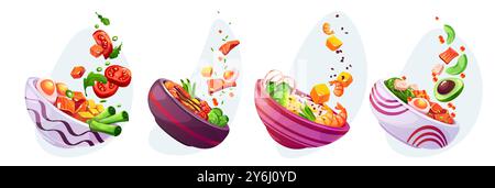 Poke bowl with flying rice and avocado, salmon fish and shrimp, onion and egg, cheese and tomato, seaweeds and salad. Cartoon vector set of traditional Hawaiian meal seafood and vegetables ingredients Stock Vector