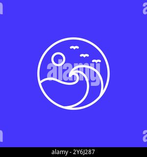 ocean wave sunset minimalist circle concept logo design vector Stock Vector