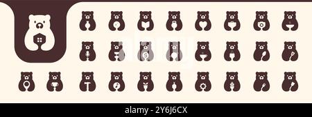 bear cute flat mascot minimal icon collection set logo design vector Stock Vector