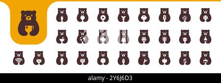 bear flat mascot minimal icon collection set logo design vector Stock Vector