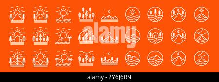 outdoor place mountain and beach line style minimal modern icon set collection sign symbol logo design vector illustration Stock Vector