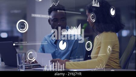 Image of data processing over diverse business people in office Stock Photo