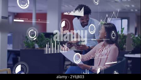 Image of data processing over diverse business people in office Stock Photo