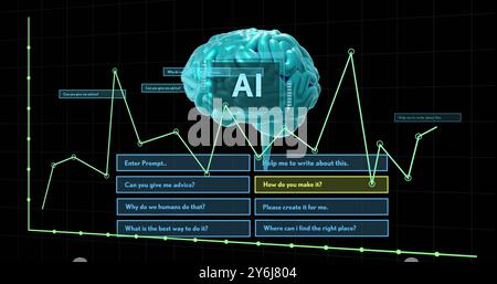 Image of ai text, brain and digital data processing over black background Stock Photo
