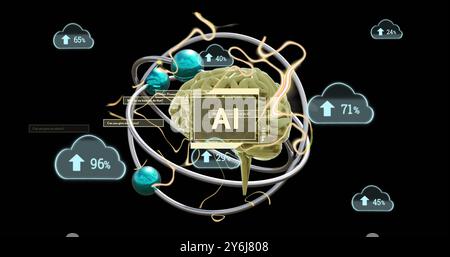 Image of ai text, brain and digital data processing over black background Stock Photo