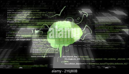 Image of glowing brain and digital data processing over black background Stock Photo