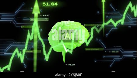 Image of ai text, brain and digital data processing over black background Stock Photo