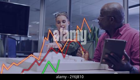 Image of data processing over diverse business people in office Stock Photo