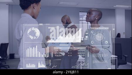 Image of data processing over diverse business people in office Stock Photo