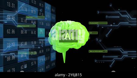 Image of ai text, brain and digital data processing over black background Stock Photo