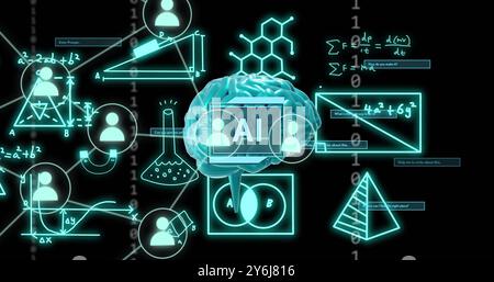 Image of ai text, brain and digital data processing over black background Stock Photo