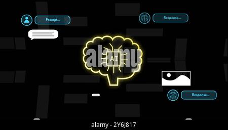 Image of ai text, brain and digital data processing over black background Stock Photo