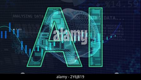 Image of ai text and digital data processing over black background Stock Photo
