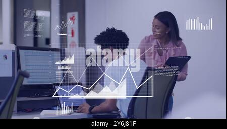 Image of data processing over diverse business people in office Stock Photo