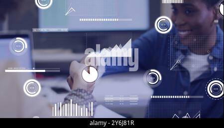 Image of data processing over diverse business people in office Stock Photo