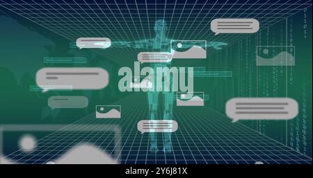 Image of ai text, human body and digital data processing over dark background Stock Photo