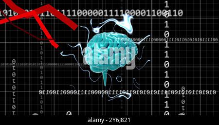 Image of brain, binary coding and digital data processing over black background Stock Photo