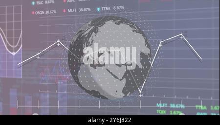 Image of globe and digital data processing over black background Stock Photo