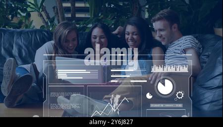 Image of equations over happy diverse friends using laptop relaxing on couch Stock Photo