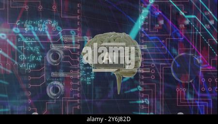Image of ai text, brain and digital data processing over black background Stock Photo