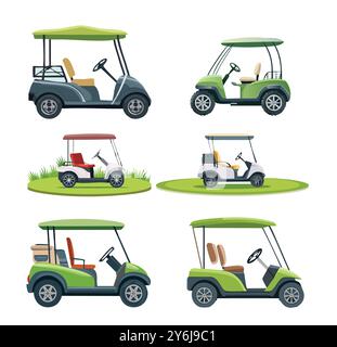 Golf cart vehicle used for transport and leisure on a green course, driven by an electric engine for sport and relaxation - vector illustration Stock Vector