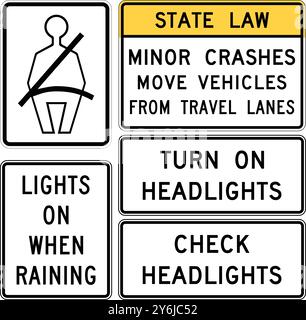 Seat Belt and Headlight Use Signs: Wear Seat Belt, Fender Bender Alerts, Lights On When Raining, and Turn on Headlights. Road signs in the United Stat Stock Vector