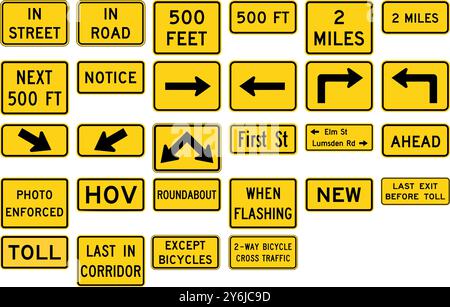 Road and Street Plaques Collection Featuring Distance Markers, Directional Arrows, Toll Notices, and Bicycle Traffic Warnings. Road signs in the Unite Stock Vector