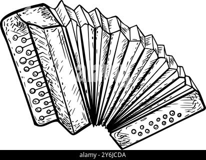 Accordion folk musical instrument black white graphic vector illustration isolated. Keyboard musical instrument monochrome line art painted for design Stock Vector